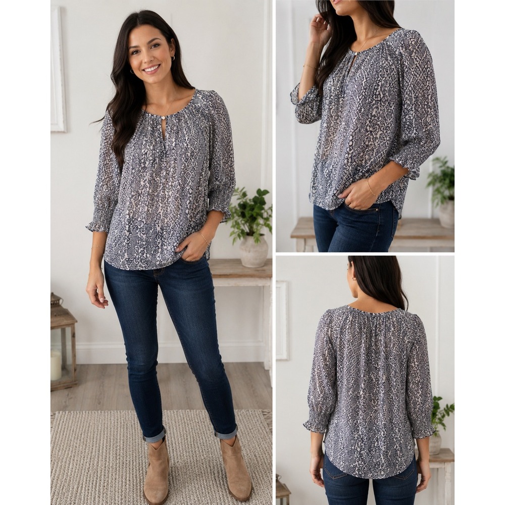 Lucky Brand Navy Blue Paisley Boho Peasant Blouse 3/4 Smocked Sleeve Top Medium